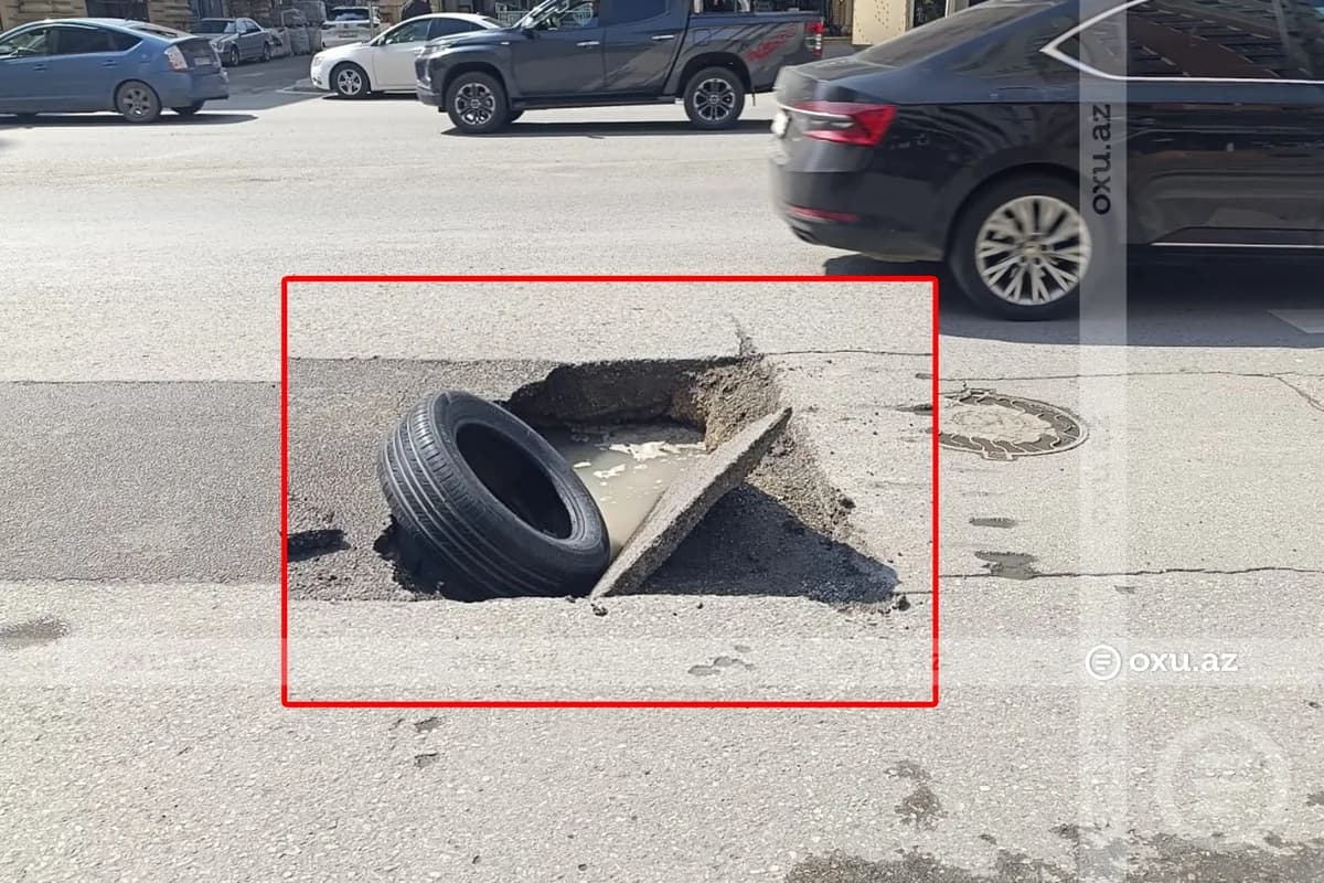 Bakının mərkəzində yeni təmir olunan yol ÇÖKDÜ - VİDEO - FOTO