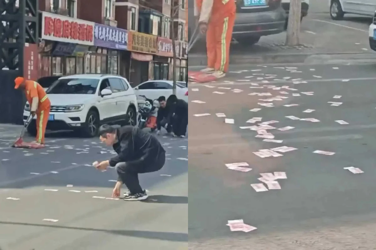 Çində yola tökülən pulları oradan keçənlər yığmağa başlayıblar - VİDEO