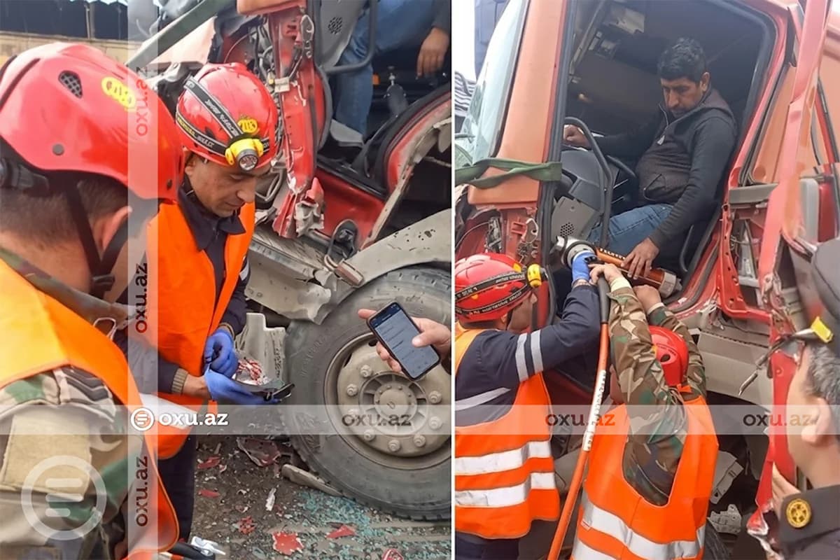 Ağsuda iki yük maşını toqquşdu - Sürücünün XİLASEDİLMƏ GÖRÜNTÜLƏRi